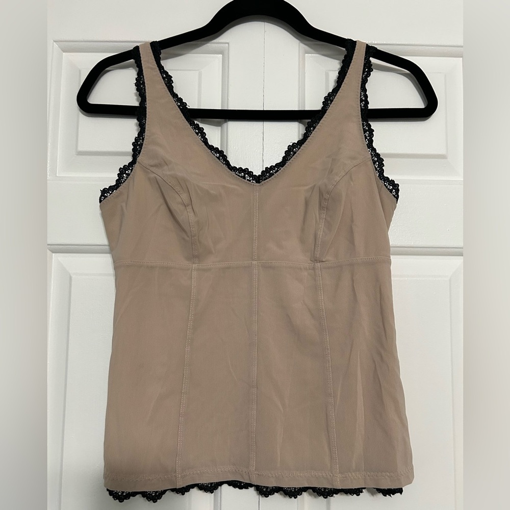 Vintage Y2K Express Beige Lace Trim Tank Top – Fitted Cami, Size M